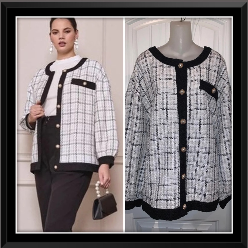 Plus Size Button Front Plaid Tweed Jacket